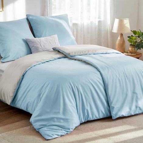 Bettwäsche Wendebettwäsche Mikrofaser 135x200 4teilig Hellblau Beige (1/5)