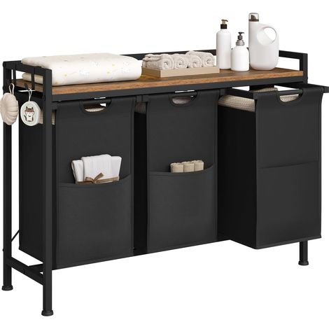 WOLTU Cesto para ropa sucia con 3 compartimentos extraíbles, color negro