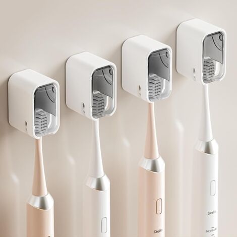 4er-Set Wand-Zahnbürstenhalter fürs Badezimmer, stabiler, selbstklebender Zahnbürstenhalter mit Deckel, Zahnbürstenkopf-Organizer für die ganze Familie, Grau