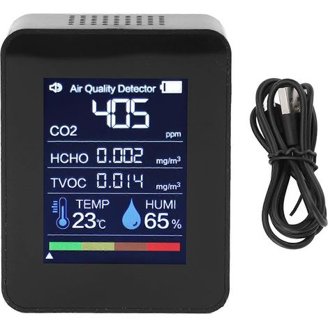 Détecteur de qualité de l'air 5 en 1, testeur portable d'intérieur pour CO2, HCHO, TVOC, température et humidité. (1/4)