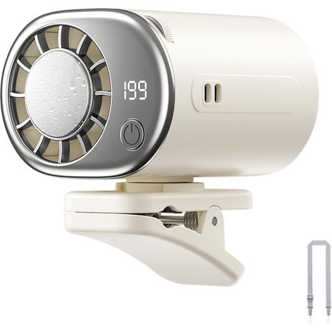 Ventilateurs électriques à clip de taille avec écran LED - Rotation à 360 degrés - Pour extérieur, parapluie - Charge USB - Pour voyage, bureau, marche - Blanc 1 (1/5)