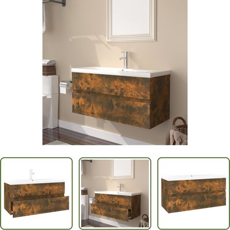 vidaXL Vasque encastrée - Meuble lavabo avec bassin intégré Chêne fumé Bois d'ingénierie (1/5)