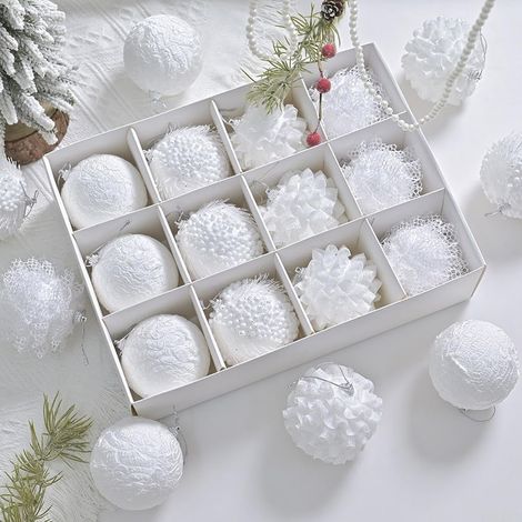 JSSEVN - Juego de 12 bolas de adorno navideño con diseño de encaje, adornos navideños, colgantes para árbol de Navidad, regalos para árboles de interior