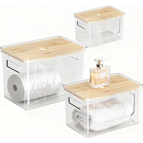 Support de sac poubelle empilable avec couverture en bambou, transparent empilable, en plastique, organisateur de plan de travail pour oignons, pommes de terre, ail, fruits, légumes (1/5)