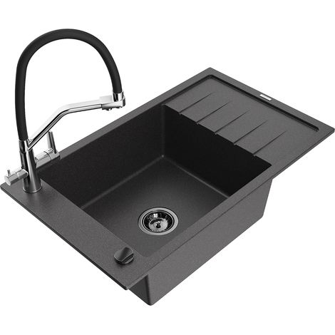 Mexen Elias fregadero de granito de 1 seno con escurridor y grifo de cocina Duo, negro moteado - 6511-76-671701-07-B (1/5)