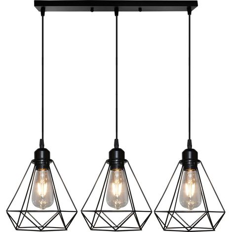 Suspension Luminaire Antiques À 3 Lumières Lampes À Suspension Industrielles E27 Lustre Rétro En Métal Et Fer Plafonnier Vintage En Diamant Noir 20CM (1/5)
