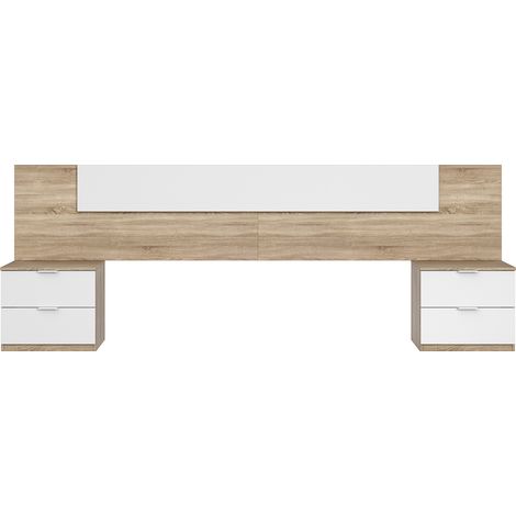 Pegane – Tête de lit mélamine chêne canadian blanc artik avec 2 chevets – Dimensions 95x247x38 cm – Pour couchage 90x200 cm – Poids 35 kg (1/5)
