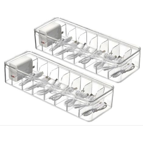 2 Pièces Boîte de Rangement pour Câbles, avec 8 Compartiments de Câble, Boîte de Rangement Transparentes pour Comptoir en Plastique, Boite Rangement (1/5)