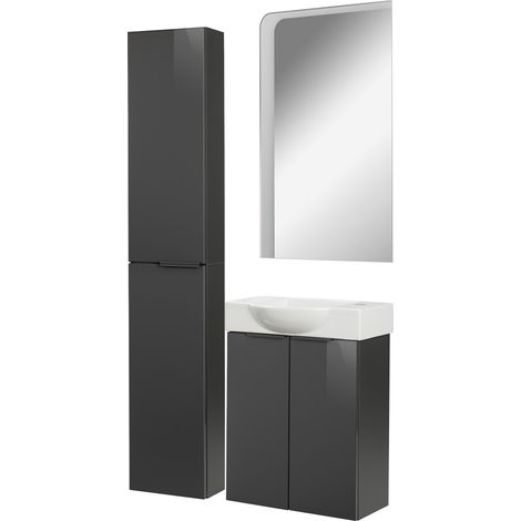 Fackelmann SBC LUNA Gäste WC Set 4-teilig 55 cm, Anthrazit, Keramik rechts+Spiegel+Hochschrank slim"-"90269145 (1/4)