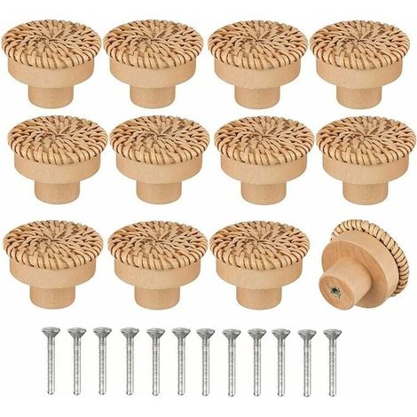 Set di 12 pomelli per cassettiere in rattan bohémien fatti a mano con viti, adatti a mobili, cassetti e armadi in legno. (1/5)