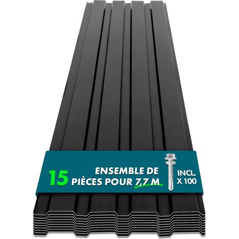Floordirekt – Lot de 15 tôles métalliques 115 x 45 cm – Épaisseur 0,25 mm – Résistantes aux intempéries et UV – Montage rapide avec vis incluses
