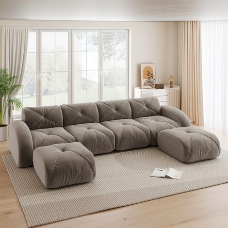 Canapé modular de chenilla marrón 4 plazas con 2 pufs, diseño sin estructura (1/5)