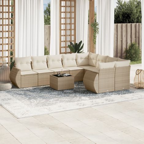 Salon de jardin 10 pcs en résine tressée avec meuble bas et coussins beige - PANGIVO (1/5)