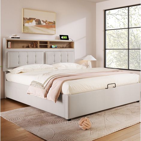Lit double capitonné moderne 160x200 cm en lin beige avec tête de lit réglable, prises USB/Type-C et coffre (1/5)