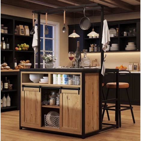 Isola da cucina con sgabelli 107x62x183 cm, prese elettriche, vani contenitori, MDF e metallo, effetto legno (1/5)