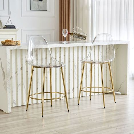 Lot de Chaises 2 pièces transparentes design flottant pieds en métal doré minimalisme légèrement luxueux (1/5)