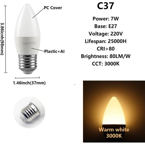 (C37 7W E27 3000K) Lot de 10 ampoules LED, adaptées à la décoration intérieure, au bureau et à la salle de bain. (1/4)