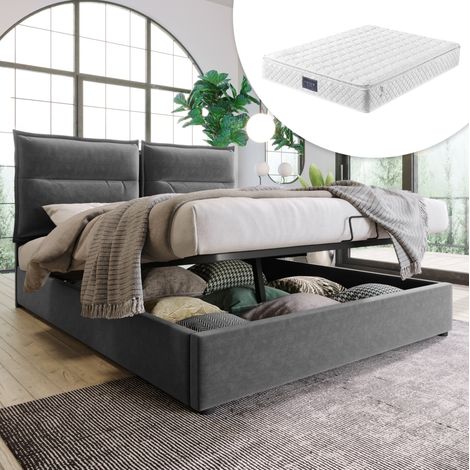 Letto matrimoniale contenitore in velluto grigio OKMYHOME (1/5)