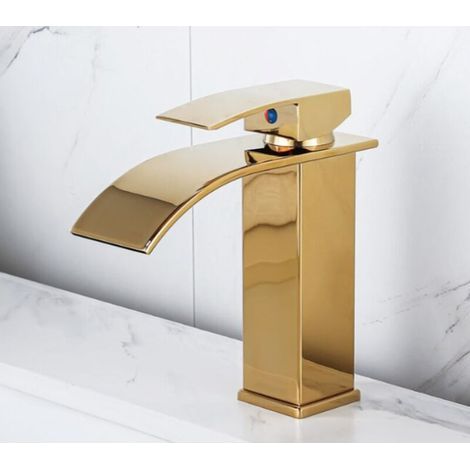 Robinet cascade laqué or évier de comptoir chaud et froid armoire de salle de bain robinet monotrou robinet de lavabo cascade, robinet mitigeur cascade, robinet de salle de bain monotrou en laiton (1/4)