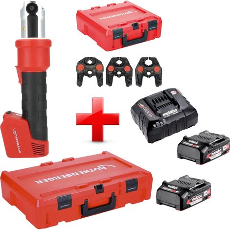 Rothenberger ROMAX NANO Akku Pressmaschine 18 V 34 kN CAS + 2x Akku 2,0 Ah + Ladegerät + 3 tlg. SV Pressbacken Set + Rocase