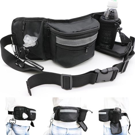 Sac banane pour l'éducation canine, sac de promenade mains libres avec distributeur de sacs à déjections et porte-bouteille, sac ajustable pour l'éducation et les promenades, grandes tailles - noir (1/5)