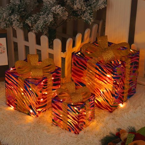 Boîte Cadeau Éclairée - Boîte Cadeau LED avec Télécommande - Décoration de Noël Intérieure Extérieure - Lot de 3 Tailles Différentes (1/5)