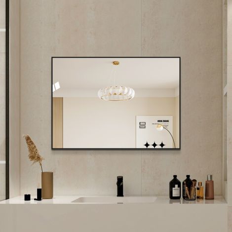 Espejo de baño de 50x70 cm con marco de aluminio negro, espejo de pared HD sin cobre, se puede montar horizontal y verticalmente, para baño, pasillo y vestidor. (1/5)