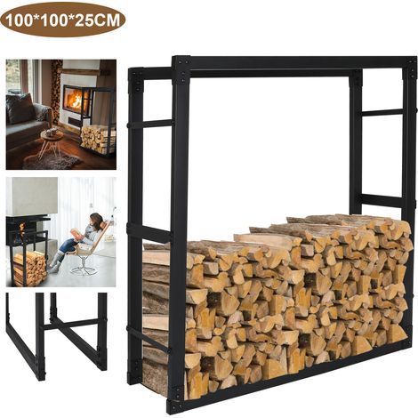 Randaco Range bûches intérieur/Extérieur 100 x 25 x 100 cm métal noir Rangement à Bois Montage facile (1/5)