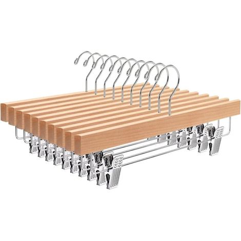 Juego de 10 perchas de madera natural de 32 cm para el hogar, ideales para pantalones, faldas, calcetines y ropa interior. Perchas antideslizantes con pinzas.