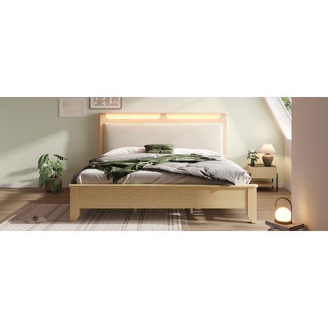 Cama 160x200 cm de madera, roble y beige, con almacenaje, para orden diario, sin colchón – MEUBLIV (1/5)