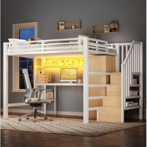 Lit mezzanine 140x200 avec bureau et armoire blanc HAVRYA (1/5)