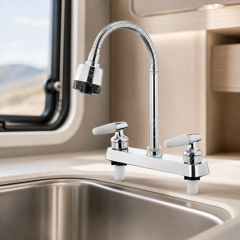 Robinet de cuisine pour camping-car, mitigeur double poignée eau chaude et froide, bec pivotant à 360°, finition chromée, modèle DY-51010 (1/5)