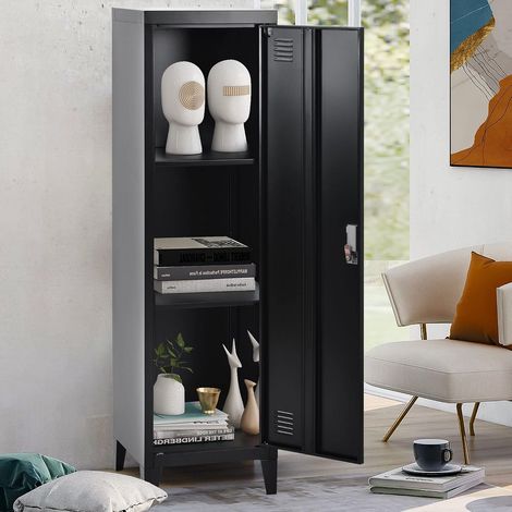 Steel clothes locker with 3 compartments and powder coating - 137 x 38 x 38 cm (H x W x D) - Black (1/5)