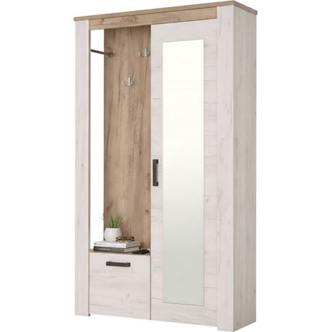 Mobile da Ingresso Valva, Specchio Incluso, 5 Ripiani, Appendiabiti, 114x36.5x195h cm Bianco Larice