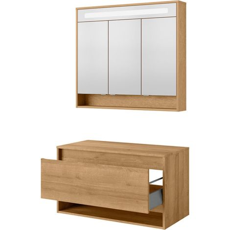 FACKELMANN NATURA Badmöbel Set 2 Teile / Waschbeckenunterschrank mit Schublade / LED Spiegelschrank mit Beleuchtung und 3D-Effekt / Soft-Close-System / Korpus & Front: Braun / Breite: 94 cm"-"79719 (1/4)