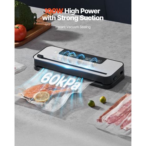 Machine scellage sous vide 60Kpa 100W, appareil conservation aliments 5-en-1, système étanchéité auto avec découpe intégrée, 10 sacs, compact (1/5)