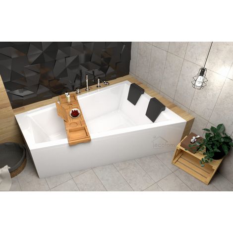 ECOLAM Baignoire trapézoïdale Intima Duo 170x125 cm droite + tablier  2x appuie-tête noir + planche en Bambou  siphon Alcaplast  Pieds + silicone