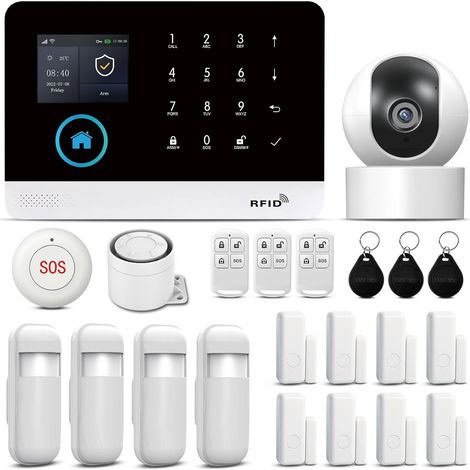 Système d'alarme Domestique avec caméra 1080P, système d'alarme antivol GSM WiFi 22 pièces avec Application téléphonique, sirène d'alarme 120b, Compatible pour la Maison et Les Appartements. (1/5)