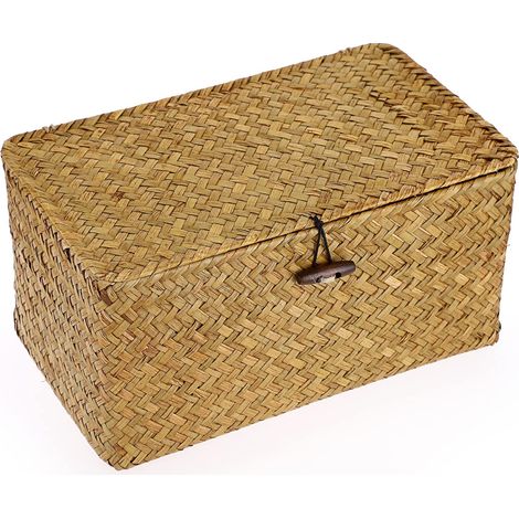 Bacs de rangement en osier tissé avec couvercle - Caramels en jonc de mer naturel (L, 31 x 18 x 15.5 cm)