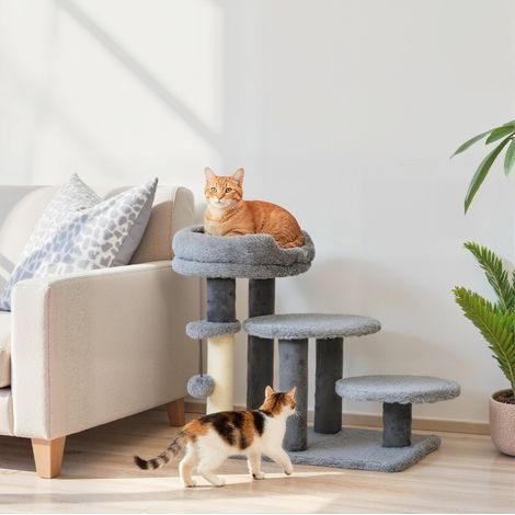 Albero e scala per gatti, base ampia, peluche, sisal, grigio DESVIAE (1/5)