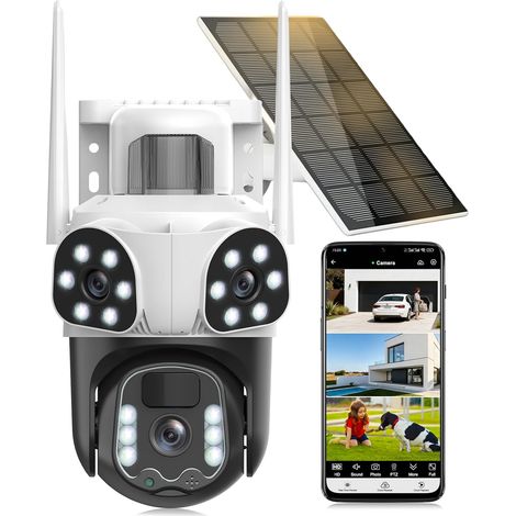 4K Camera Surveillance WiFi Exterieure sans Fil,à triple objectif/Camera Solaire/Batterie,Suivi Automatique,360° PTZ Sécurité à Domicile,Vision Vocturne,Audio Bidirectionnel,PIR Sirène,étanche,8MP HD (1/5)