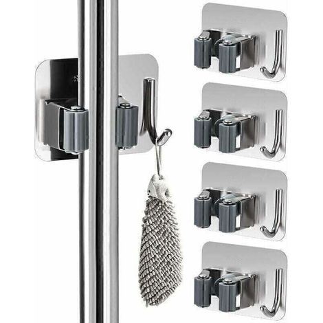 5 Pièces Porte Balais Mural sans Percage, Accroche Balai Mural, Accroche Balai Adhésif en Acier Inoxydable, Support Balais Mural avec Crochet, pour Cuisine, Salle de Bain, Jardin et Garage