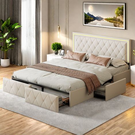 Lit double 140x200 avec LED, tête de lit capitonnée et 4 tiroirs, sommier à lattes inclus, simili cuir beige, design moderne pour chambre (1/5)
