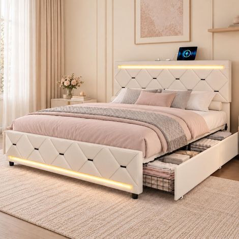 Doppelbett 140x190 cm Polsterbett mit 4 Schubladen, RGB-LED und USB Typ-C, Geometrisches Muster, Samtbezug mit Lattenrost, Beige (1/5)