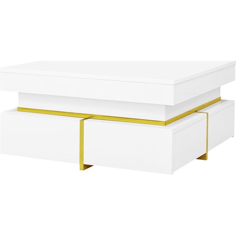 Table basse blanche laquée avec deux tiroirs et accents dorés, 70x70x35,5 cm (1/5)