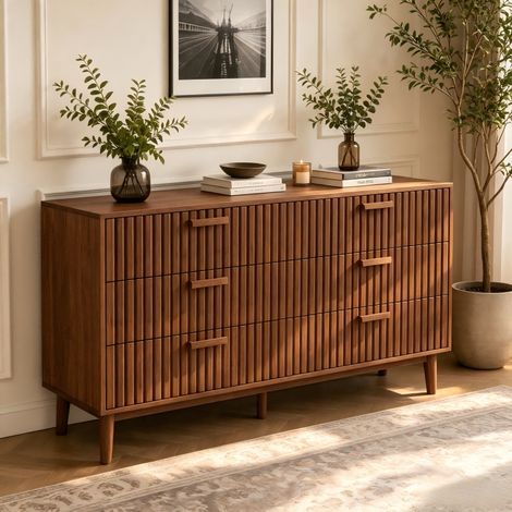 Buffet de rangement, Commode à 6 tirtors 100 x 34 x 73 cm, Meuble bas, Armoire Tiroirs, Buffet pour Salon, Chambre, Salle à Manger, couleur noyer
