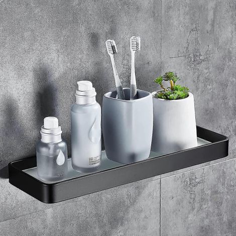 Wandmontiertes Duschregal ohne Bohren, mit integriertem Stauraum, aus gehärtetem Glas und Aluminium, rostfrei und beschädigungsfrei, und geeignet zur Aufnahme von Küchenaccessoires. (1/5)