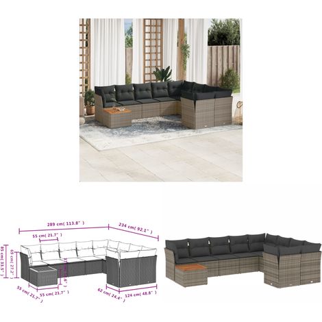10-tlg. Garten-Sofagarnitur mit Kissen Grau Poly Rattan - Gartensortiment - Outdoor Möbel - Gartenlounge - Rattan Gartenmöbel - Ecksofas - Home & Living (1/3)