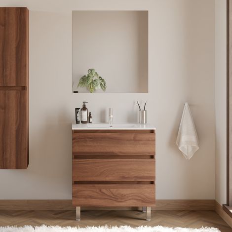 Meuble de salle de bain 60cm simple vasque - 3 tiroirs - noyer (bois foncé) - MAYOR (1/5)
