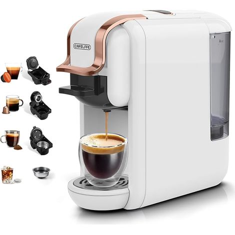 4-in-1 Single Serving Multi-Capsule Coffee Maker, 19 Bar Hot/Cold Espresso Machine, Compatible with Original/DG/ESE Pods and Ground Coffee, 1450W, White (1/5)
